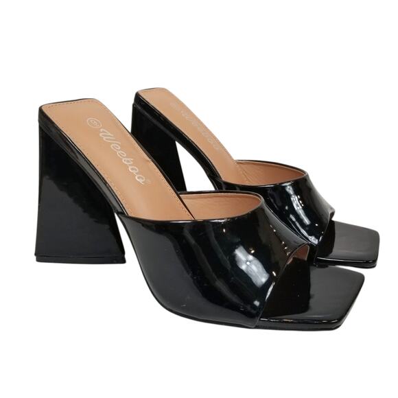 Weeboo Shoes - Weeboo Women's Black Faux Patent Leather Triangle Block Heel Slide Heels Size 9